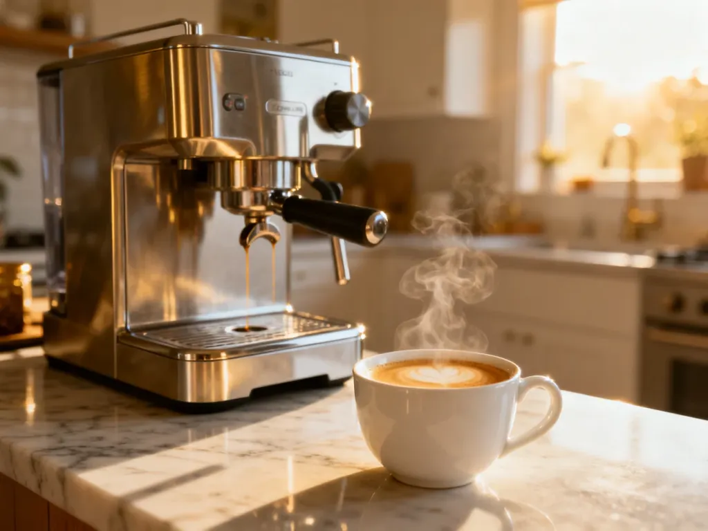 Nowoczesny ekspres do kawy na marmurowym blacie z filiżanką świeżego espresso w porannym świetle.