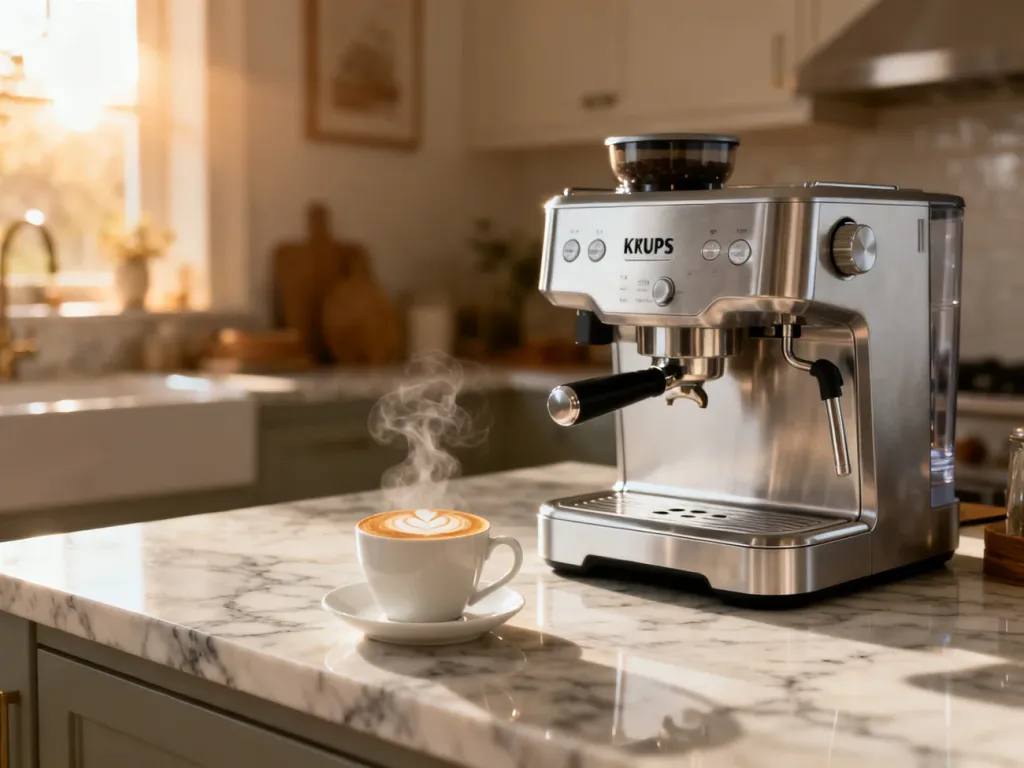 Nowoczesny srebrny ekspres Krups na marmurowym blacie z filiżanką świeżej kawy z latte art w przytulnej kuchni.