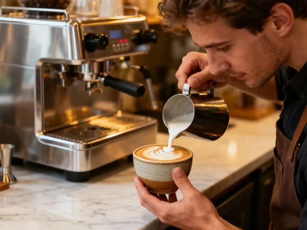 Barista wlewa spienione mleko do filiżanki, tworząc wzór latte art obok nowoczesnego ekspresu do kawy.