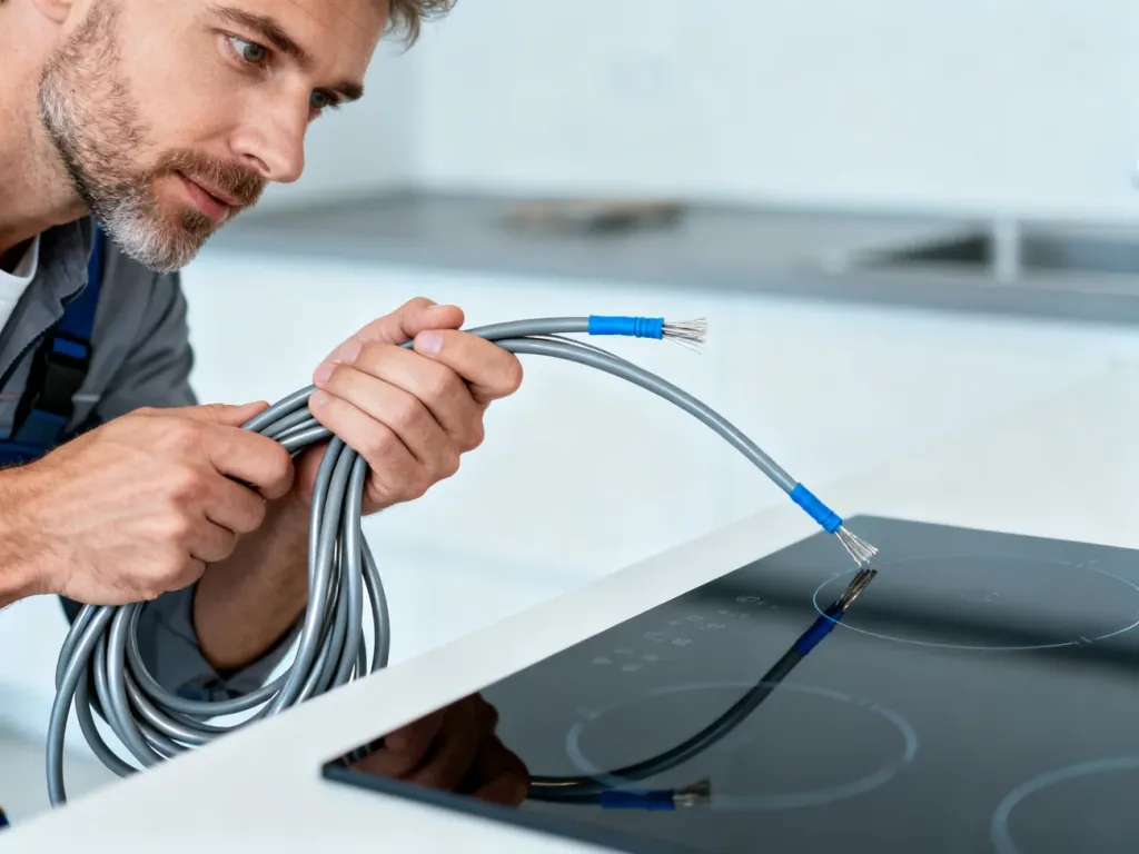 Elektryk podłączający gruby przewód zasilający do nowoczesnej płyty indukcyjnej w minimalistycznej kuchni.